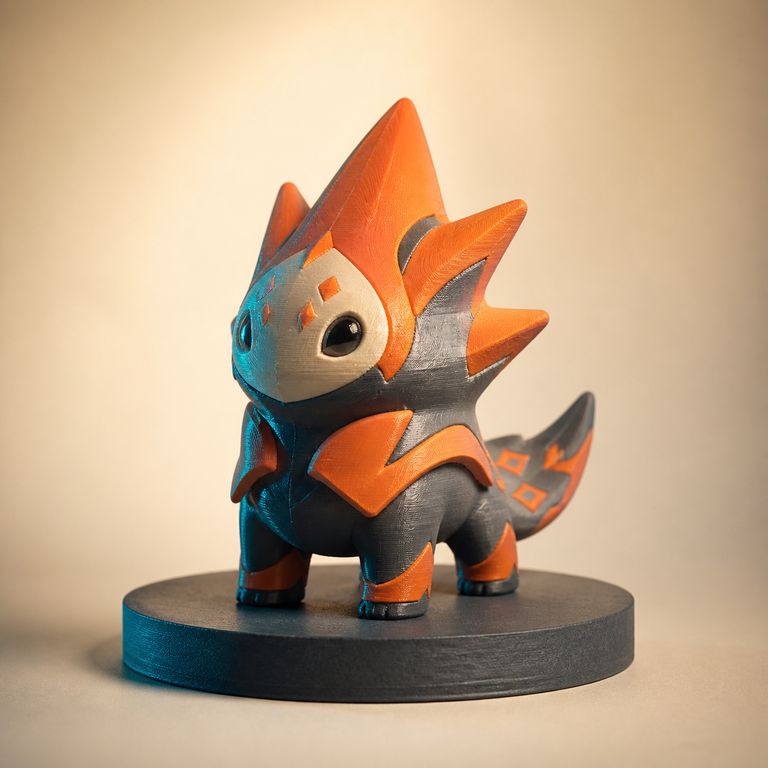 Imagem ilustrativa de uma criatura colecionável original impressa em 3D nas cores grafite e laranja.