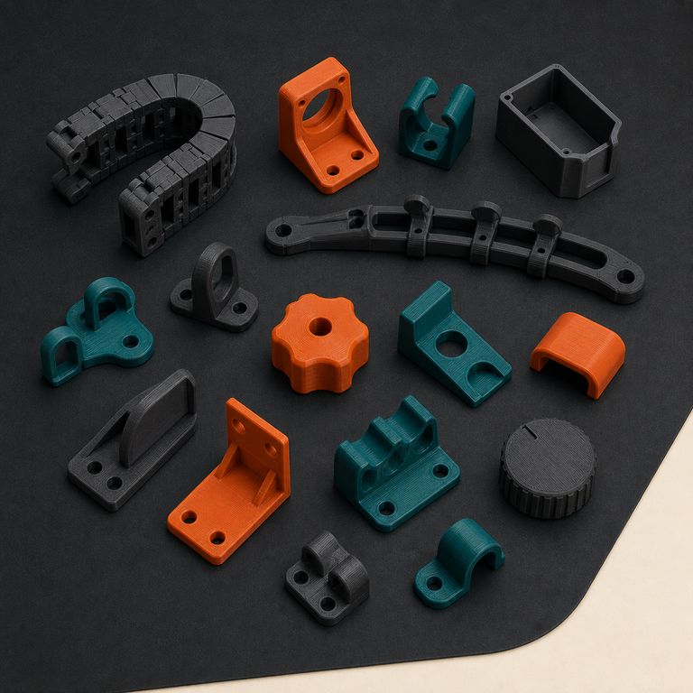Imagem ilustrativa de suportes, presilhas, manípulos e outras peças funcionais impressas em 3D.
