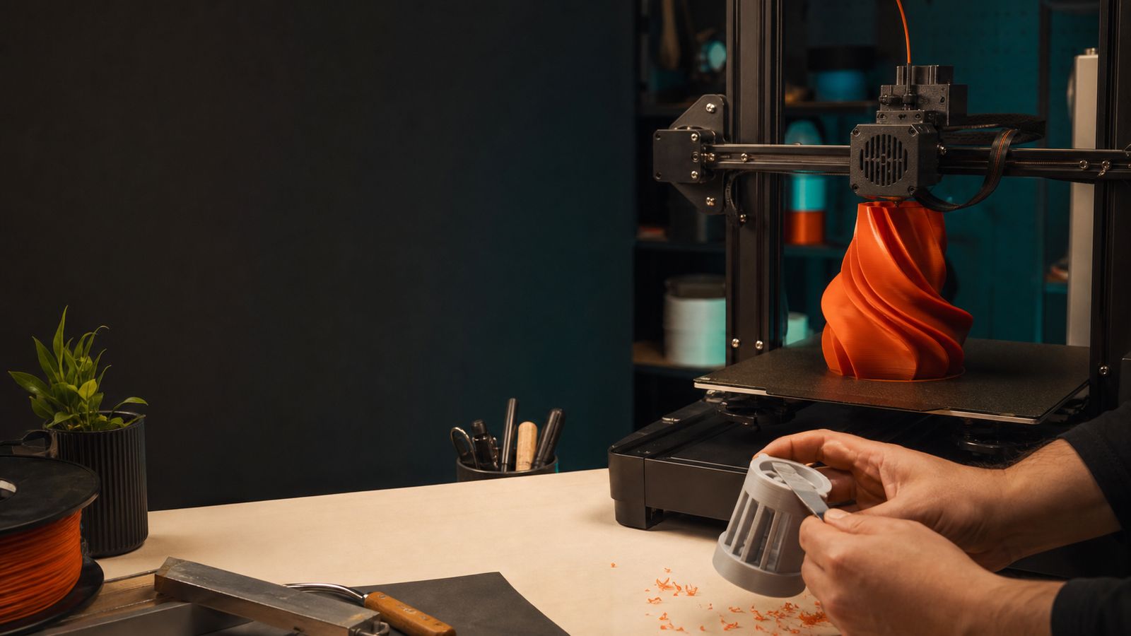 Imagem ilustrativa de uma peça laranja sendo produzida em uma impressora 3D enquanto outra peça recebe acabamento manual.